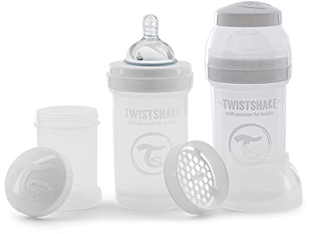 Twistshake 2X Anti-Colic Baby Bottle with Milk Powder Container and Mixer - 180ml | Slow Flow Silicone Breast-Like Nipple | BPA- Free Baby Milk Bottle | Suitable for Newborn Babies (0+) | White