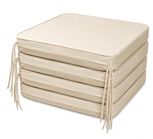 Pinkfairy Comfortable Seat Pads, Garden Kitchen Chair Cushions Tie On 40x40x5cm - Removable Zip Cover Non Slip | Water Resistant | Indoor & Outdoor (Pack fo 4, Ivory Cream)