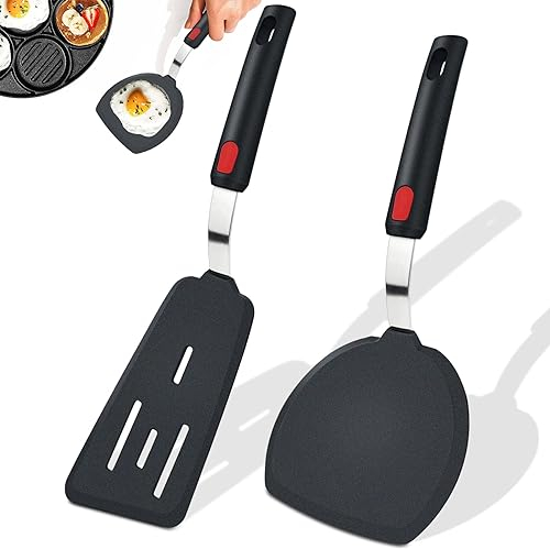 GZqiancang 2 Piezas Espátula de silicona, Espátula Ancha para Panqueques para Huevos Fritos, Tortitas, Pescado, Hamburguesas, Filetes Y Otros Platos (Negro)