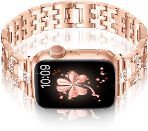 Vamyzji Kompatibel mit Apple Watch Armband 42mm(Series 11 10) 41mm 40mm 38mm, Metallband für Apple Watch Serie 11 10 9 8 7 6 5 4 3 2 1 SE, Glitzer Luxus Mode Damen Metall iWatch band Frauen, Rosegold