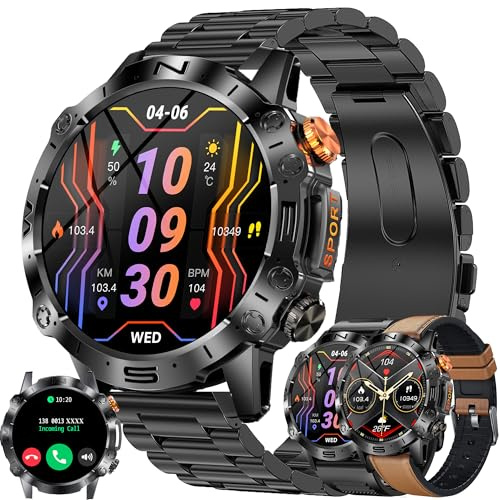 1,43” AMOLED Smart Watch Militär Men med Telefonsamtal, Talassistent, 3 Armband, Rund HD-skärm Smart klocka, Sömnspårare Pulsmätare, 123 Sportlägen, Fitness tracker Smartwatch för Android iOS (Svart)