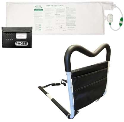 Bed Assist Rail Bedside Handrail Grab Bar Support Handle for Seniors, Disability, and Surgery Recovery with Smart Caregiver Pager & Weight Sensing Bed Pad for Fall Prevention and Elderly Assistance