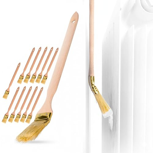 ToolSpace Set 12 Brochas para Radiador Curvadas 36 mm Pincel de Pintura Mango Largo 34 cm Cerdas Naturales Cerdo Madera Haya Maciza Profesional Pintar Rápido Puertas Rodapiés Zonas Inaccesibles