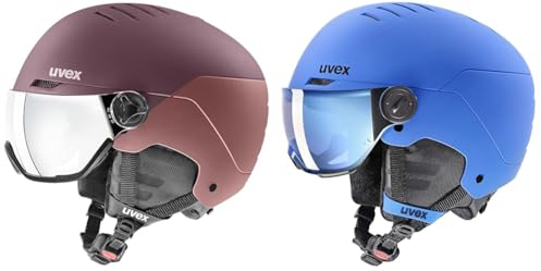 uvex wanted visor Skihelm für Damen und Herren mit Visier rose matt 54-58 cm & rocket jr visor Skihelm für Kinder mit Visier individuelle Größenanpassung blue matt 54-58 cm