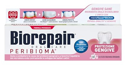 Biorepair, Zahnpasta Zahnfleischschutz Peribiom, 12 Packungen à 75 ml, bekämpft und verhindert Zahnfleischprobleme, mit Probiotika, feuchtigkeitsspendende Hyaluronsäure, ohne Fluorid