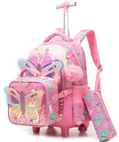 HTgroce Unicorn School Bag Trolley with 2 Wheels for Girls, A-pink Dragonflies