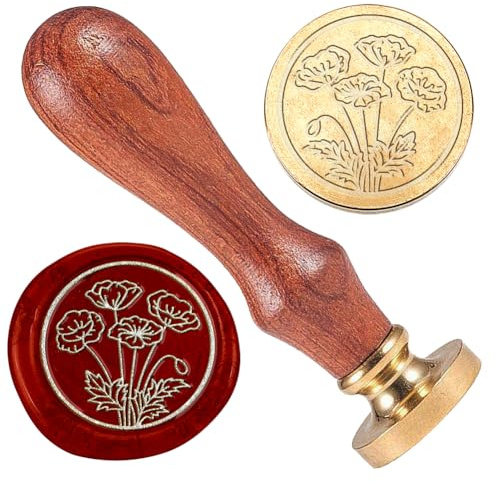 DELORIGIN Wachs Siegelstempel Mit Mohnmotiv Siegelstempel Mit Geprägten Blumen Abnehmbarer 25 Mm Messing Wachssiegel Stempelkopf Mit Holzgriff Für Hochzeitsfeier Einladungen Umschläge Geschenke
