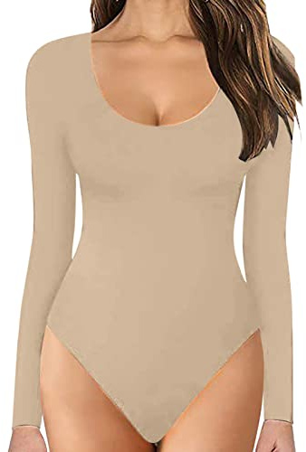 NaLatia Body Femme Élastique Col Rond Bodysuit Debardeur Chic Et Élégant Justaucorps Body Suits avec String - Sans manches/Courte manches/Longue manches