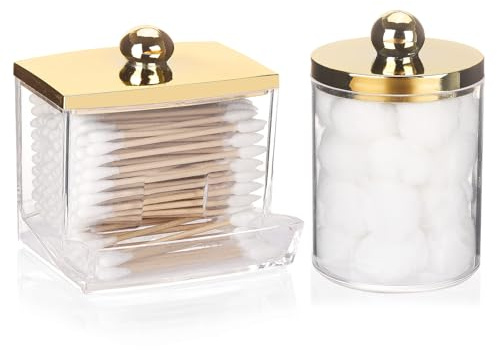 Tbestmax 2 Pack Qtips Dispenser - Bathroom Organizers and Storage Containers, Plastic Apothecary Jars with Gold Lids for Cotton Ball Swab Round Pads, Floss