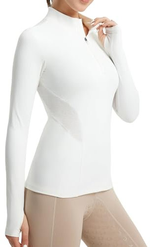 FitsT4 Sports Womens Equestrian Shirts Thumbholes Long Sleeve Horse Riding Shirts Quick Dry UPF50+ Riding Top Half Zip White M