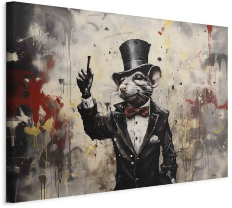 murando - Akustikbild Banksy art 90x60 cm 1 tlg - Bilder Akustikschaum Schallschutz Kunst Akustikpaneele Wandpaneele Schalldämmung - Ratte im Frack schwarzem Hut grau Beige Abstrakt g-H-10083-b-a