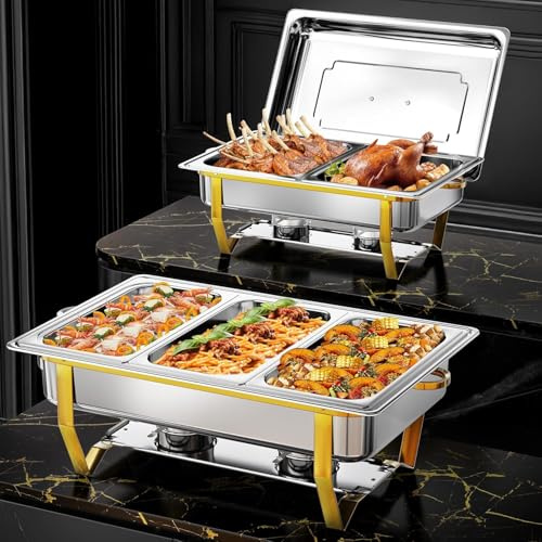 WARMOUNTS Silber & Gold Chafing Dish Buffet Set 9L, Edelstahl Speisenwärmer für Catering, Hochglanzpoliert, Klappbarer Rahmen, Großes Warmhaltebehälter für Party (2er Set 2x1/2+3x1/3 Einsätze)