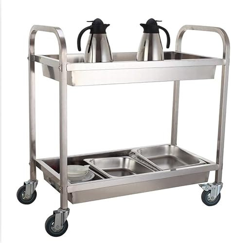 XCHSXYL Stainless Steel Kitchen Storage Trolley with Braked Wheels Large 2 Tier Mobile Cart for Hotel Dining and Restaurant Collection Serving