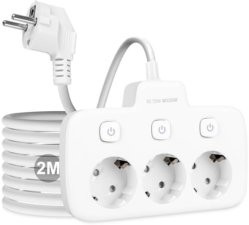 Lotvic Multiprise commutable individuellement, 3 prises avec cordon d'extension de 2 m, multiprise, multiprise, prise 10 A/2500 W, multiprise pour bureau et maison