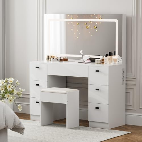 KZNGK Schminktisch mit Steckdosen und LED Beleuchtung, Einstellbare Helligkeit, Moderner Kosmetiktisch mit Große Spiegel und 7 Schubladen, Frisiertisch mit Stuhl, Weiß