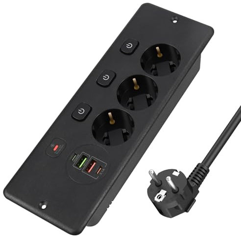 LustLocke Regleta Empotrable con USB, 3 Enchufes con Interruptores Individuales y 2 USB-A y 2 USB-C, Regleta de Mesa con Cable de Extensión de 1.8M, para Muebles o Superficies de Trabajo