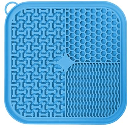 Pasdrucn Schleckmatte Hund mit 1 Silikon Spatel, Schleckmatte Hund 20x20cm, Schleckmatte Katze Gross mit SaugnäPfen, hundezubehör Slow Feeder Hunde Leckmatte für Baden, Fellpflege (Blau)