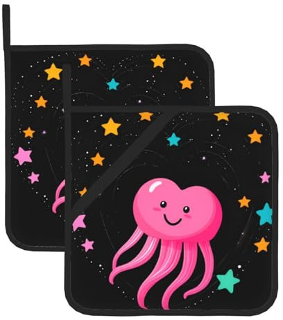 WHJWZY Set di 2 presine da cucina resistenti al calore e durevoli, con corda sospesa, stampa a forma di cuore con meduse