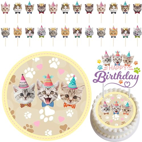 26 Stücke Katzen Kuchen Deko Geburtstag mit Essbarer Katze-Tortenaufleger | Katzen Kuchen Deko mit 24 Cupcake Cat Sammelfiguren,Katzen Muffin Deko Topper für Kindergeburtstag