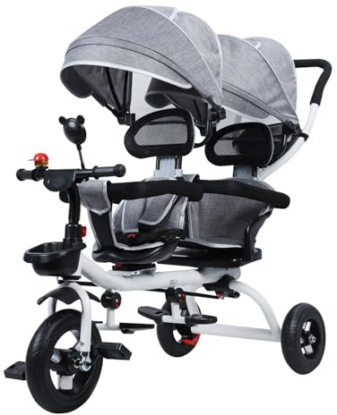 Doppelwagen Twin Trike mit Canopy & Anti-Rollover-Design, 2-Sitz-Kinder-Dreirad, 220lb-Kapazität, schockdes Kautschukräder, faltbarer Kinderwagen für Alter 2-8 (Eisenrahmen, einfache Baugruppe) Gr