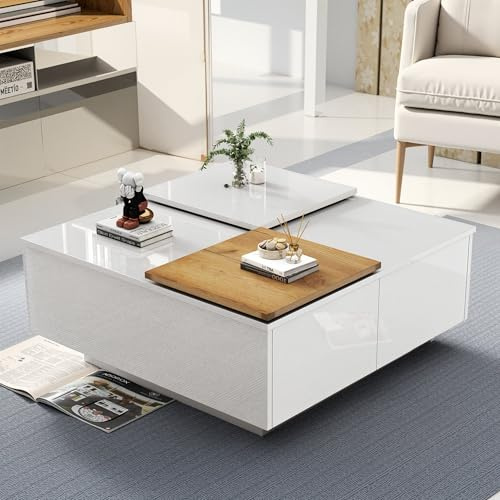 LINKHOO Table Basse Salon, Table Basse carrée Moderne en Bois Blanc Brillant avec Plateau 75 * 75 * 33,5cm, Petit Plateau Coulissant, Charge Max. 30kg