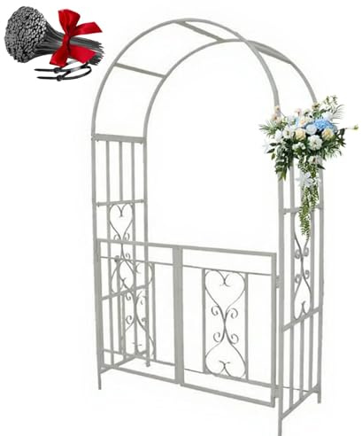 Generisch Metall Rosenbogen Gartenbogen, 114 x 210 x 52 cm, Torbogen Rankhilfe mit Tür, Rankgitter für Kletterpflanzen, einfach zu montieren, dekoratives Rankbogen(Weiß)