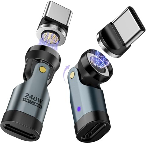TiMOVO Adaptador Magnético USB C, (2 Pieza) PD 240W Carga, Transferencia de Datos, Rotación de 180° C a C Adaptador Extensor para iPad/iPhone, Gris