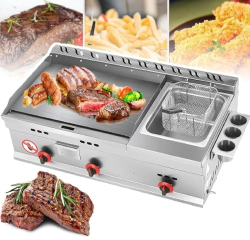 Plancha De Gas para Encimera - Plancha + Olla Individual + Cesta para Freír, Plancha Comercial Multifunción para Cocina/Restaurante - Temperatura Ajustable