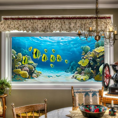HOMETITUTE Stained Glass Window Film Underwater Fish & Coral Pattern 39.3x17.7 inches Non-Adhesive Removable Reusable for Glass Door Home and Office Bedrooms PVC Static Cling Sticker