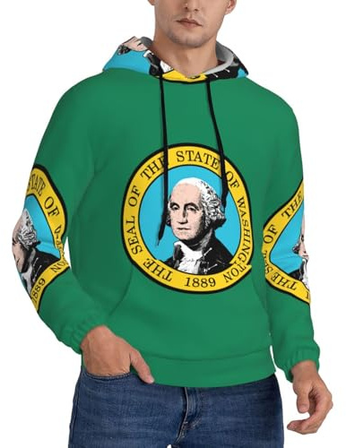 Sudadera con capucha de manga larga para hombre con estampado de la bandera de Washington, perfecta para primavera, otoño e invierno, Negro, XXL
