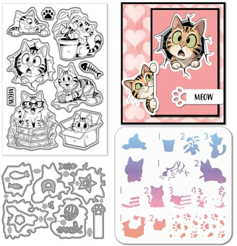 GLOBLELAND Cartoon Tiere Transparenter Silikonstempel Metall Süße Katzen Stanzformen Katzenpfoten Buch Bastelschablonen Für Kartenherstellung Scrapbooking Basteln DIY Prägen