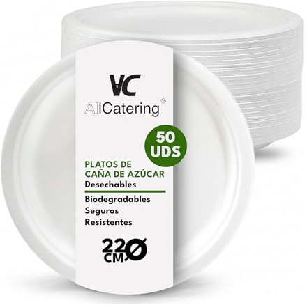 AC ALL CATERING 100 Platos Desechables de Caña de azúcar Redondos de 22 cm. Ecológicos, Biodegradables y Resistentes para Picnics, Barbacoas, Fiestas y Cumpleaños. 100 Platos