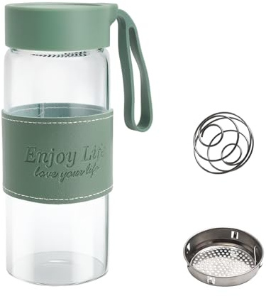 Coctelera de proteínas de cristal, 480 ml, batido de proteínas, con colador y bola de acero inoxidable, batidor de proteínas, vaso, botella de fitness, botella de proteínas, coctelera para proteínas