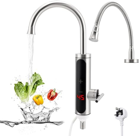 Instant Hot Water Faucet 3000W Electric Stainless Steel Tap Plus 360° Rotatable Cold Hot Mixer for Kitchen, Bathroom - LED Temperature Digital Display