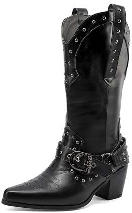 TNMIUH Botas Cowboy Mujer Botas Western con Tachuelas Estilo Campero Punta Puntiaguda Botas de Media Caña Tacón Ancho Color Blanco Negro,Negro,39 EU