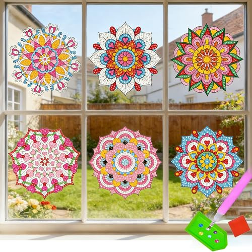 MINGZE 6 Piece Diamond Painting Window Paintings, DIY Window Art Crafts Set Gift Girl 6 7 8 9 Years, 5D Mandala Suncatcher Crafts Sets for Kids Creative Painting Fun & Crafts Fun