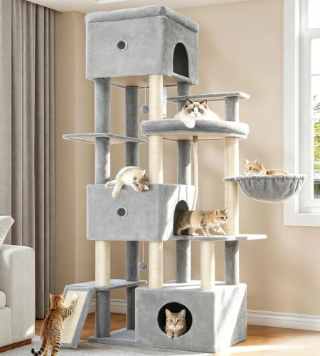 Fobyfurny Kratzbaum, 200 cm XXL Katzenbaum, Hellgrau, mit 3 Große Höhlen | Mehrere Plattformen, 7 Sisalstämme, Kratzbrett, Körbe, Pompons, für Große Katzen Stabil, für den Innenbereich