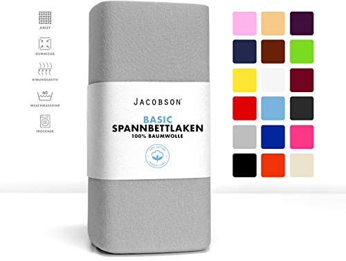 Jacobson Jersey Spannbettlaken Spannbetttuch Baumwolle Bettlaken (180x200-200x200 cm, Grau)