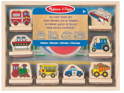 Melissa & Doug - Holz-Stempelset Fahrzeuge, 8 Holzstempel, 2 Stempelkissen, Aufbewahrungsbox, Für Kinder ab 3 Jahren