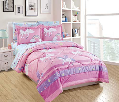 Luxury Home Collection 5 Piece Twin Size Comforter Set For Girls/Teens Unicorn Castle Rainbow Clouds Moon Shining Stars Blue Pink Purple Yellow