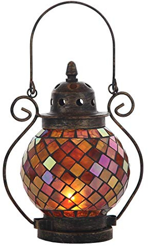 Lily's Home Dekorative Kerzenlaternen, Mosaikglas und Schmiedeeisen Teelichthalter für Innen- und Außenbereich, Hängelaterne Kerze Nicht im Lieferumfang enthalten Orange und Gold