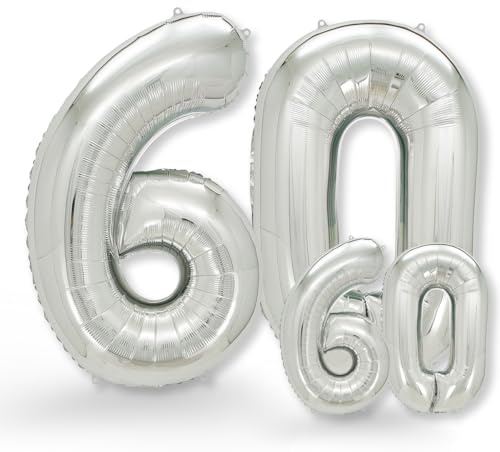 FUNXGO® Ballon decoration anniversaire 60 ans - Lot de 2 - Ballons Numéro 60 en Argent - deco anniversaire 60 ans femme ou homme - Gonflables à l'Hélium - Happy Birthday - Argenté Ballon Chiffre 60