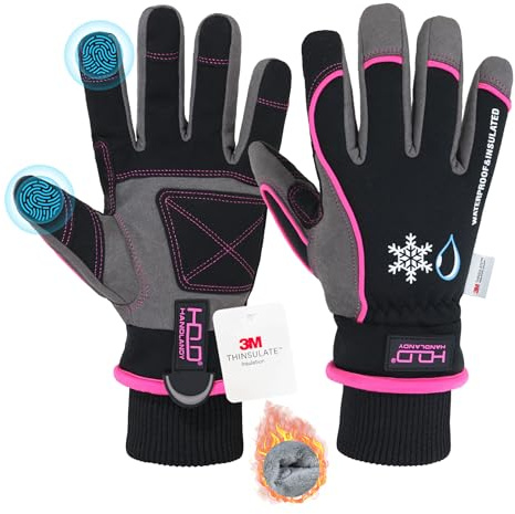 Gants de travail imperméables isolés, gants thermiques d'hiver pour hommes et femmes avec écran tactile, gants chauds de ski, snowboard, temps froid (rose/grand)