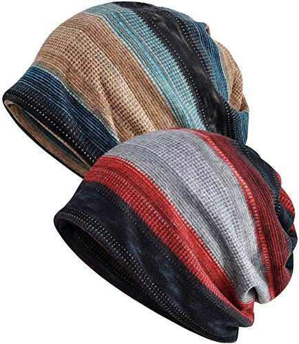 XYIYI Damen Mütze Chemo Hut Slouchy Kopfbedeckungen Kopf Wraps Krebshüte (2Stück Streifen-D)
