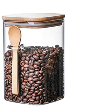 YISPIRIN (1200ml/42.24fl oz Square Glass Sealed Storage Jar with Wooden Spoon Coffee Beans Box Large Capacity Food Container Transparent Grain Cereals Tank