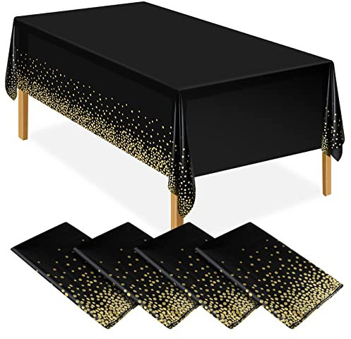 ELECLAND Lot de 4 nappes de fête noires et dorées en plastique - 137 x 274 cm - Confettis à pois dorés - Nappe rectangulaire pour pique-nique, fête prénatale, Halloween, Noël
