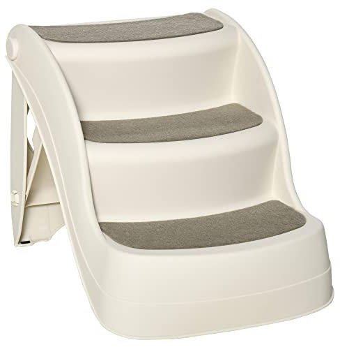 PawHut Escalera para Perros de 3 Peldaños Plegable Escalón de Plástica para Mascotas con Alfombras Antideslizantes para Cama Sofá Carga 15 kg 49x38x38 cm Crema