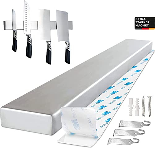 Trhillsbrad Barra magnética para cuchillos, 40 cm, soporte magnético con 2 ganchos, acero inoxidable, autoadhesivo, soporte magnético para pared, sin taladrar, soporte para cuchillos de cocina