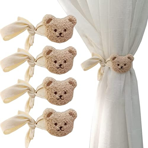 Yinitoo Embrasses pour Rideaux, 4 Pièces Attaches de Rideaux en Forme d'ours de Dessin Animé pour Enfants, Porte-Rideaux en Coton Accessoires de Rideau Decoration pour Chambre d'enfant