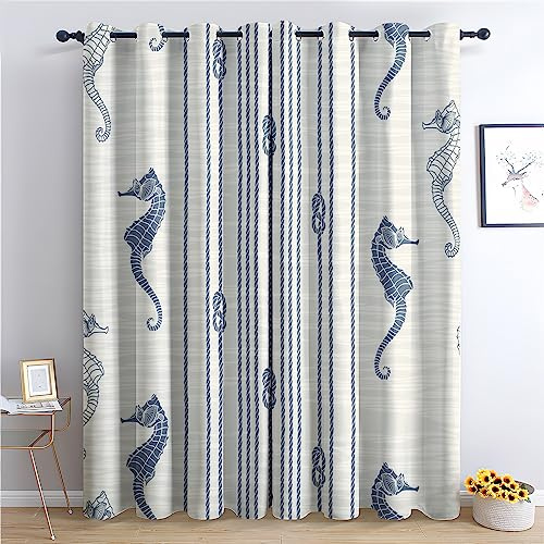 THYUNQ Vorhänge Maritime Seepferdchen Motiv, Vorhang Blickdicht Verdunklungsvorhänge mit Ösen - Gardinen Wohnzimmer Schlafzimmer Fenster, 2er Set Curtains, H 175 x B 140 cm